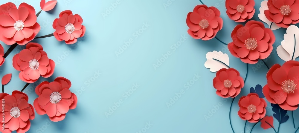 Paper cut red and white flowers on blue background. Floral banner, poster, template with copy space.  - obrazy, fototapety, plakaty 