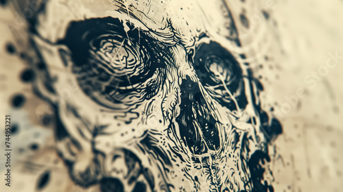 Intricate skull art in monochrome