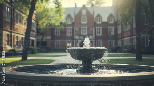 Serene fountain in college quad.
