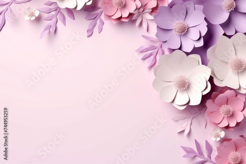 Flowers and leaves cut out of paper in pink and lilac tones. Flower banner  poster  template with copy space. 