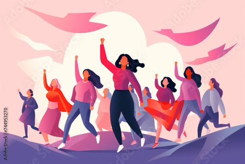 International women's day card. Active women with their hands in the air. Feminist movement for independence, freedom and woman rights, flat illustration. 