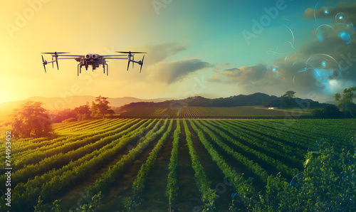 drone flying on farmland at sunrise background #744953452