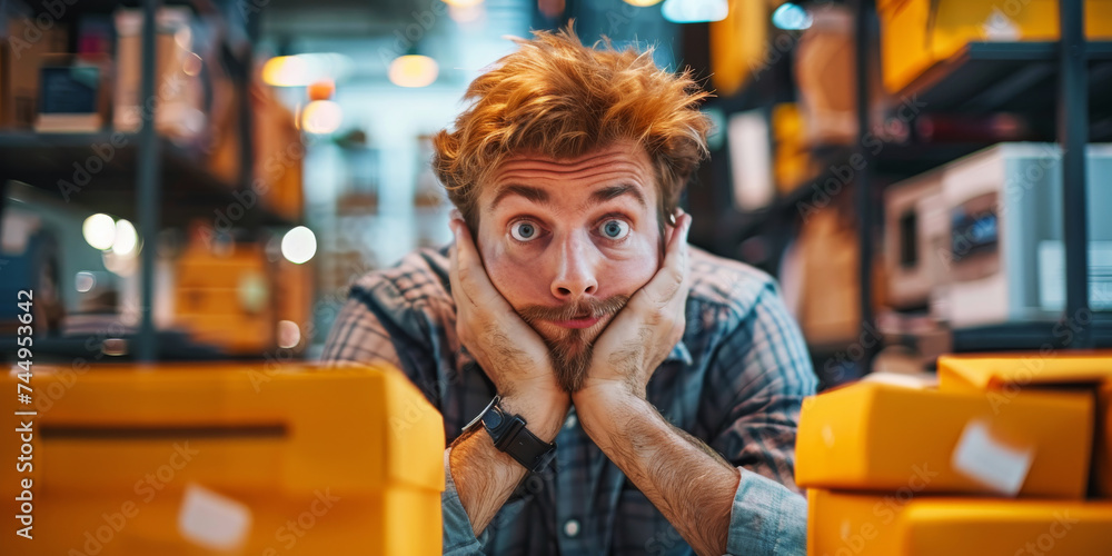 Warehouse Worker Overwhelmed by Boxes.
Pensive man in a warehouse surrounded by yellow storage boxes. Warehouse Worker Overwhelmed by Boxes.
Pensive man in a warehouse surrounded by yellow storage boxes.