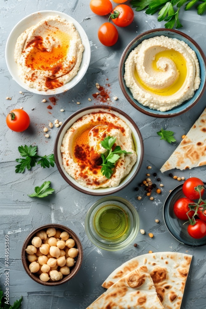 Top view of bowls of hummus on a light texture background Top view of bowls of hummus on a light texture background