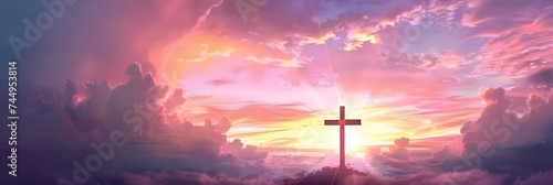 Cross of Jesus Christ on sunset sky background. Christian religion concept.