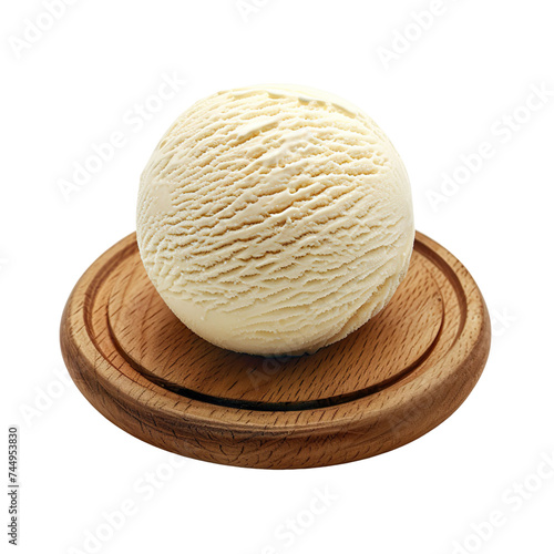 Front view of a ball scoop of vanilla ice cream on a wooden tray isolated on a white transparent background