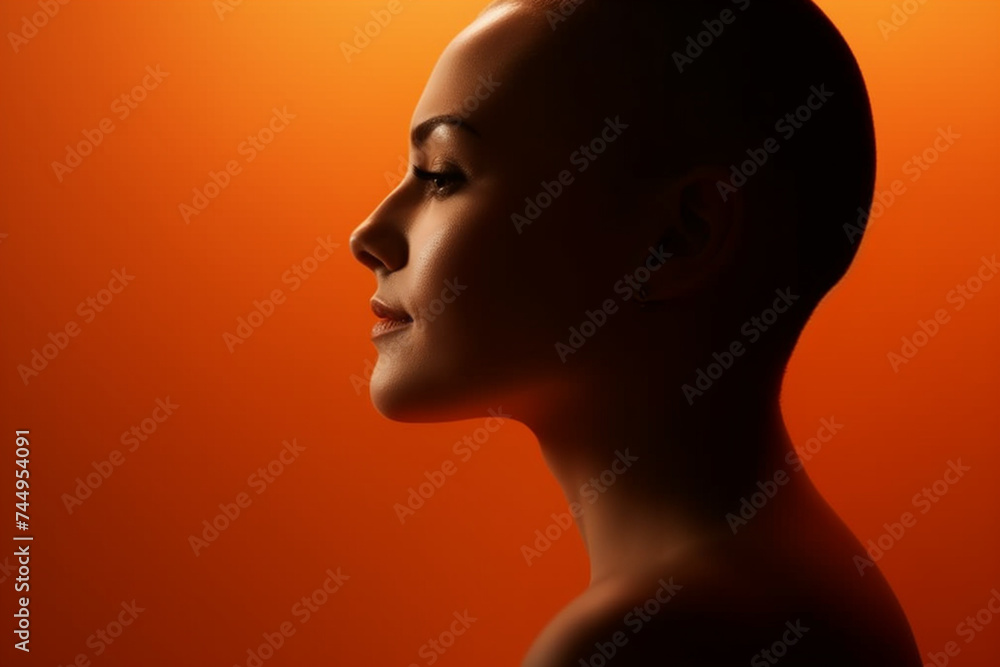 a profile of young woman with alopecia. hair loss problem, young shirtless women with baldness is looking away on orange background with copy space. the concept of human support, female power