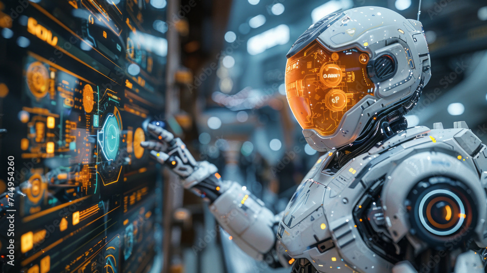 The simulation robot pointed at the large screen and introduced complex data ,generative ai The simulation robot pointed at the large screen and introduced complex data ,generative ai