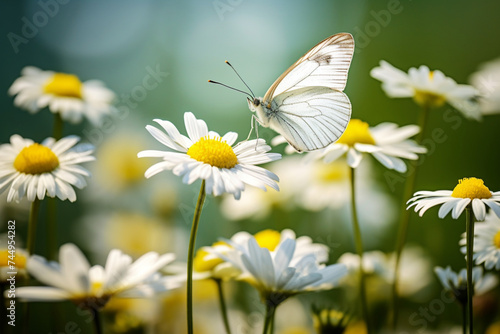 a rare black-veined white butterfly, aporia crataegi, nectaring on the flower of an ox-eye daisy growing in a meadow photo