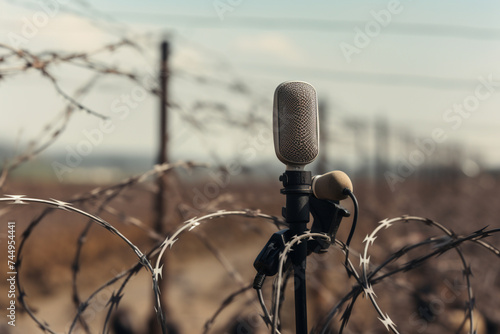 A reporter's microphone at a press conference, through barbed wire photo