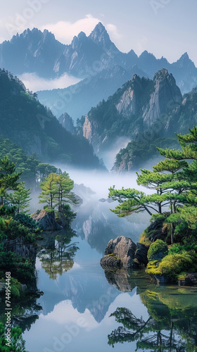 sharp jagged yellow mountains of Huangshan China covered in fog and clouds,generative ai © Suralai