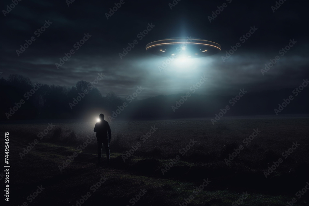 a science fiction concept of a man with a torch looking at an alien UFO. floating above a field on a spooky foggy night in the countryside
