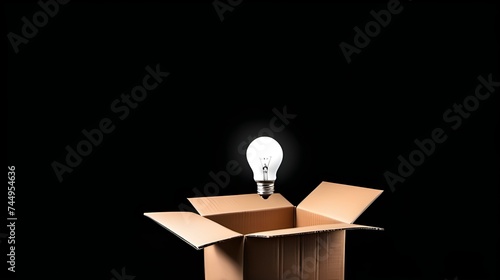 A light bulb coming out of a box against black background with copy space. Think outside the box, freedom of mind, winning strategy in business concept, creativity improvement, idea development. 