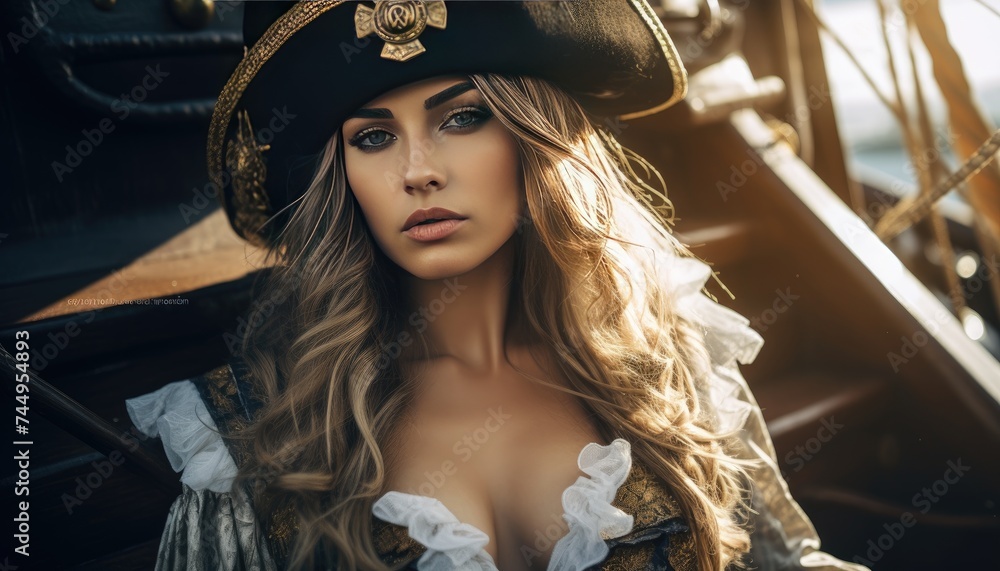 Naklejka premium A woman in a pirate costume posing on a boat