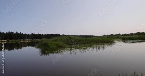 river,   water with waves in the river withtrees  on the river bank photo