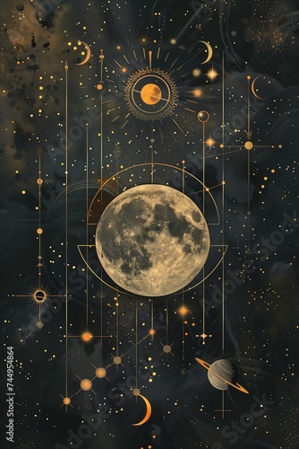 celestial full moon planets background black gold color design bifrost connection rituals constellations deco mono glittering sci