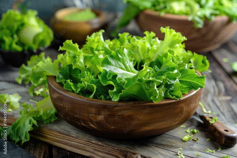Full bowl of fresh green salad on the table in the kitchen