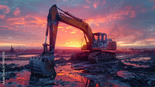 A big excavator in construction site on sunset sky with cloud background.