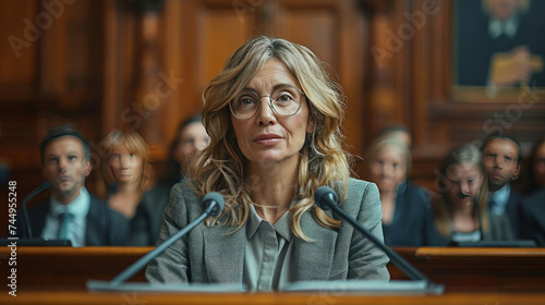 A female prosecutor successfully presents her case and gives an enthusiastic speech to the judge and jury.