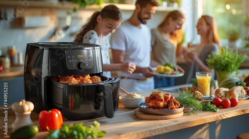 A family make breakfast with the air fryer together. father, mother, daughter and son cook together at home. photo
