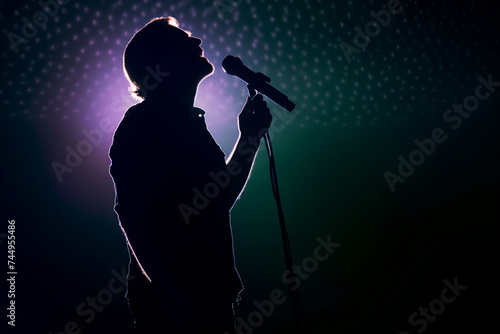 A silhouetted man singing with stage lights in the background. Photographed directly into the lights to create flare