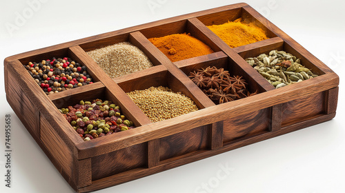 Indian spices in wooden display on white background. © TV24