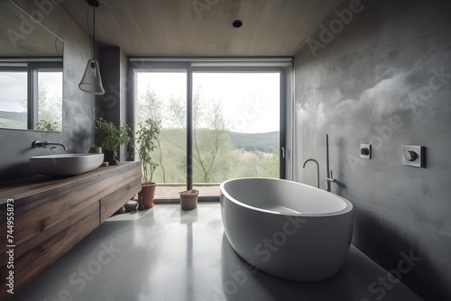 Interior of a gray bathroom with concrete floor, white bathtub, contemporary interior with countryside views © VisualVanguard
