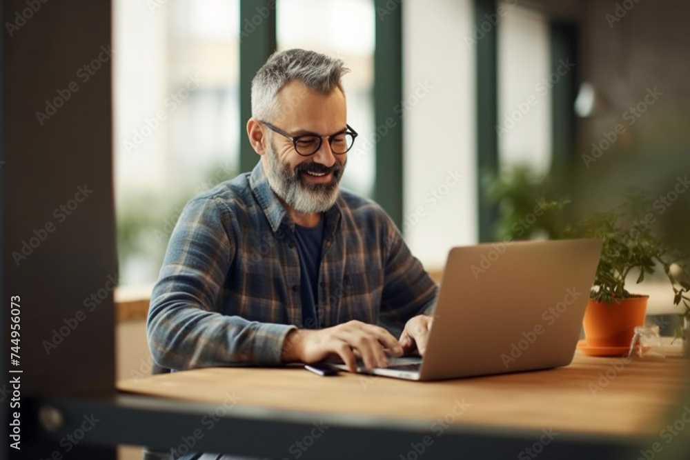 A smiling senior man typing on a laptop, chatting online with friends, indoors A smiling senior man typing on a laptop, chatting online with friends, indoors