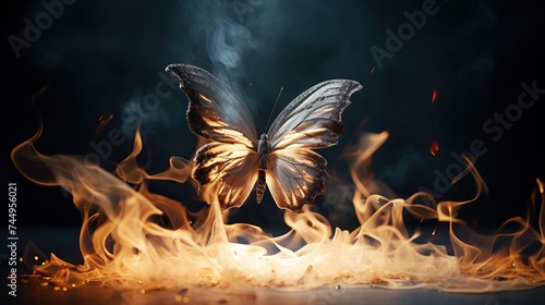 Glowing flying butterfly with white smoke isolated dark background. magical creature concept with warm smoke in copy space