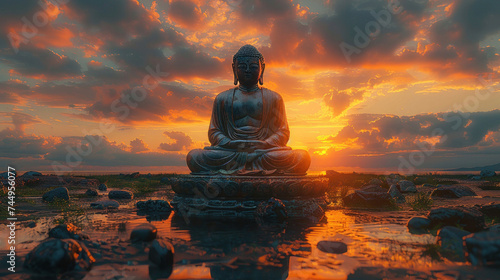 Buddha statue on sunset sky with cloud background.
