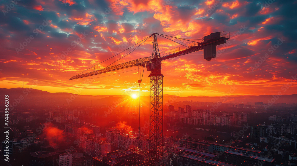 Fototapeta premium Construction site with crane and building on sunset sky with cloud background.