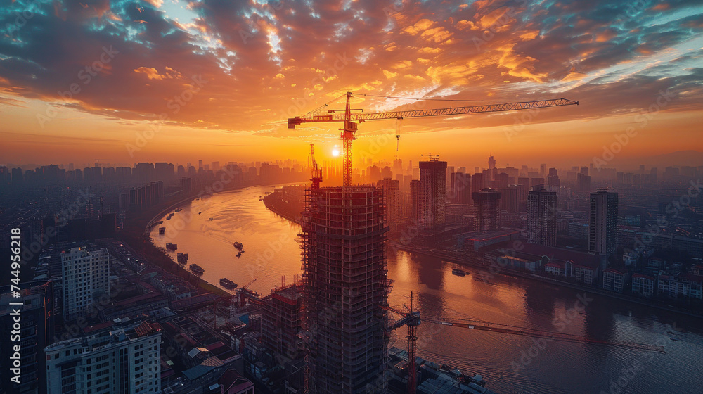 Naklejka premium Construction site with crane and building on sunset sky with cloud background.