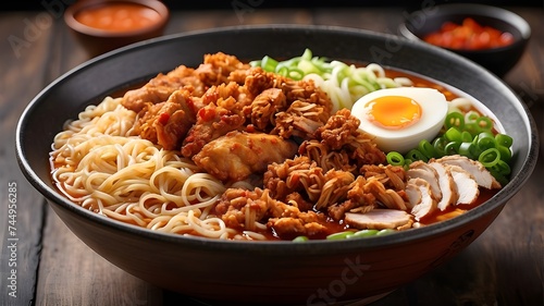 A steaming bowl of hot chicken flavor ramen, with fiery red broth and tender noodles, topped with a generous helping of spicy chili oil and crispy fried chicken pieces.