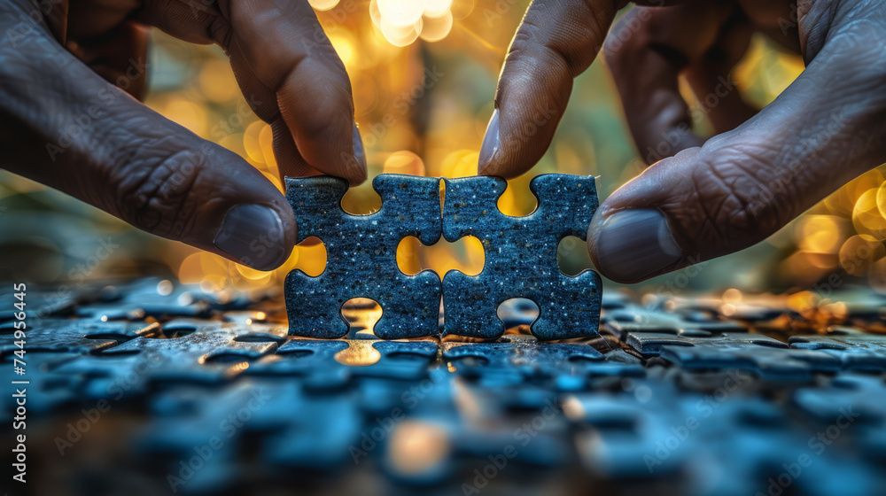 Closeup image of hand two businessman try to fit in puzzle pieces, symbolics of teamwork, Rules of third,generative ai Closeup image of hand two businessman try to fit in puzzle pieces, symbolics of teamwork, Rules of third,generative ai