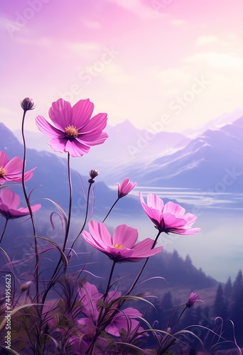 purple foreground mountain lake background gorgeous morning haze petal pink gradient appearing wilted cosmos color white blank spring gentle mists flower decorations