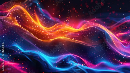 Vibrant abstract digital art depicting flowing wave patterns with sparkling particles  evoking a sense of motion and energy.