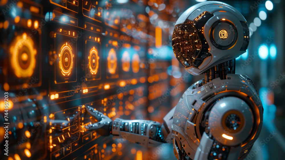 Fototapeta premium The simulation robot pointed at the large screen and introduced complex data ,generative ai