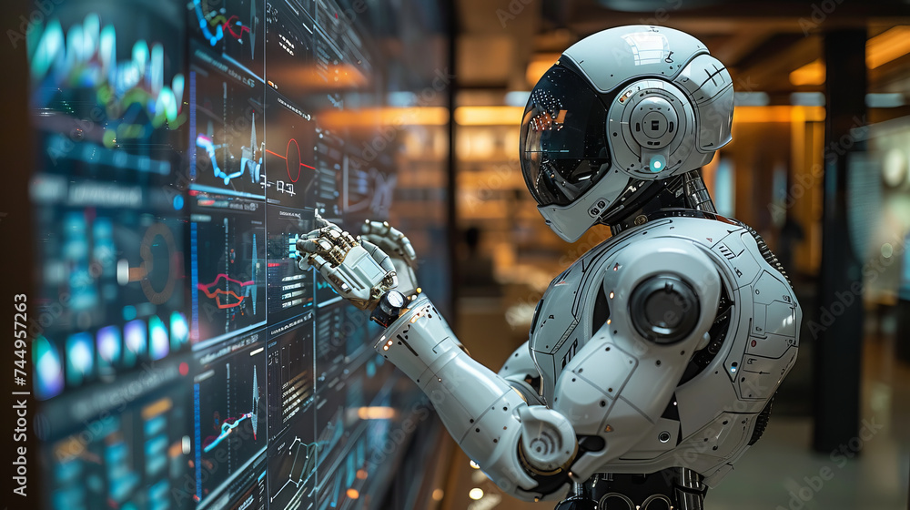 The simulation robot pointed at the large screen and introduced complex data ,generative ai The simulation robot pointed at the large screen and introduced complex data ,generative ai