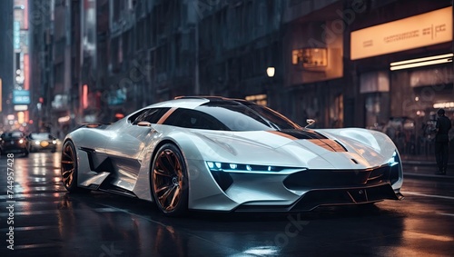 Futuristic Car in Night Cityscape - 3D Render and Concept Designs