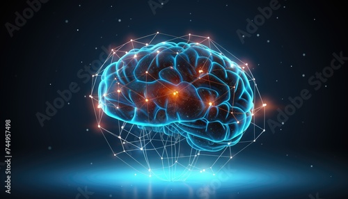 A wireframe mesh of a human brain with glowing blue lines connecting different parts