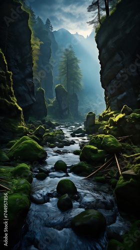 man standing rock river forest environment mossy canyon caustics city terrain oregon shire lighting