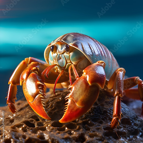 The Hidden Intricacies: A Detailed Macro Shot of a Magnificent Hermit Crab Against a Vibrant Backdrop