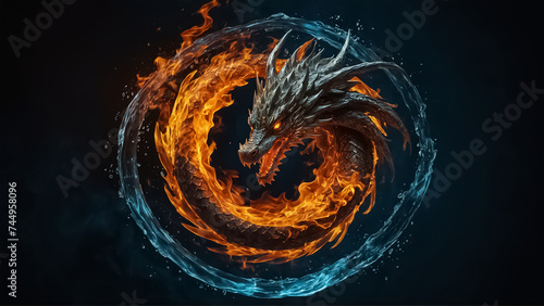 A circular dragon logo with a combination of fire and water