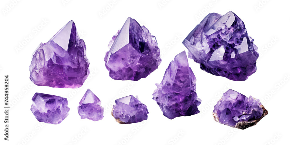 Collection of amethyst isolated on a white background as transparent PNG Collection of amethyst isolated on a white background as transparent PNG