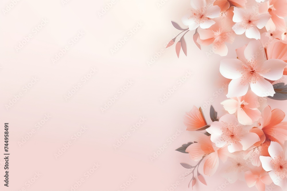 Spring flowers on a pastel background, delicate peach, beige colors. Design for a banner, cover, decoration, poster. Copy space.