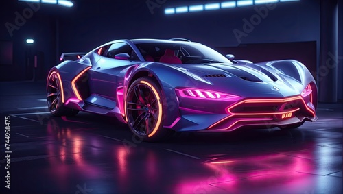Futuristic Supercar with Neon Accents on Dark Background © Rifat