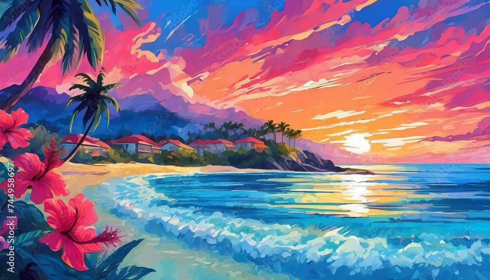 sunset over the sea, colors cerulean blue and hibiscus pink, illustrate a beach scene at sunset that uses complimentary colors, include a small beach town off the shoreline,Ai Generate 