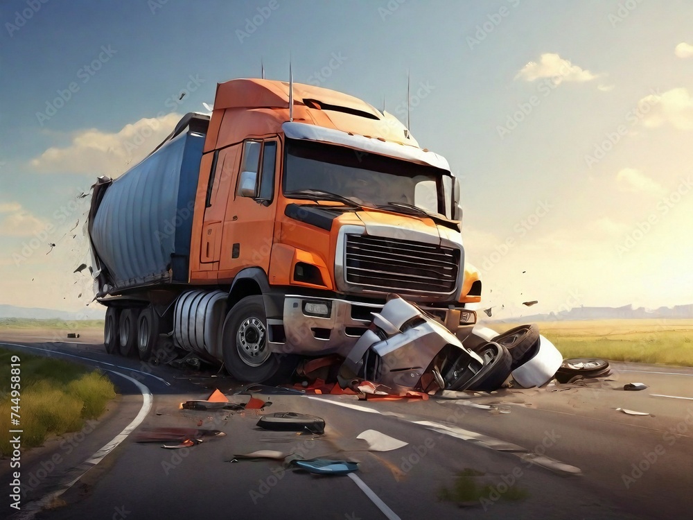 Very dangerous crash a truck accident on the street, suddenly road accident, bad driving concept, cargo truck crash scene. Very dangerous crash a truck accident on the street, suddenly road accident, bad driving concept, cargo truck crash scene.