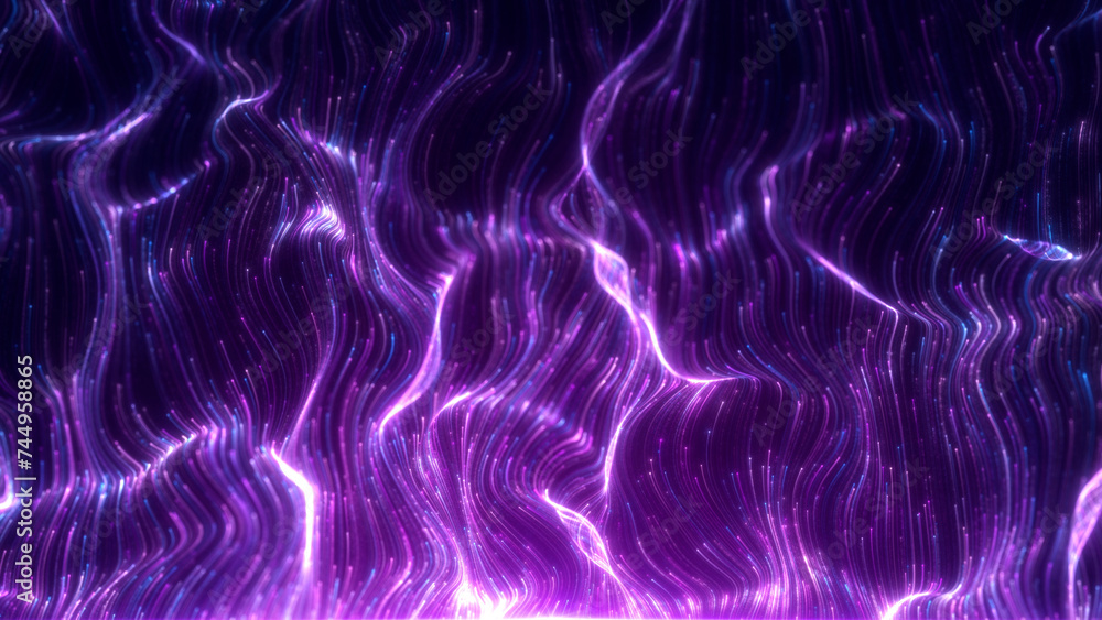 Obraz premium Purple upward flowing particle Lines, Beautiful purple light stripes flow, elegant wave lines rising. For your event, wedding, concert, design, covers, visual art, advertisement, stage background.