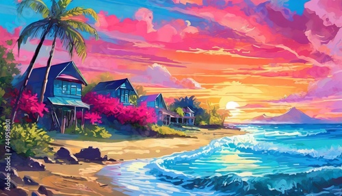 colors cerulean blue and hibiscus pink, illustrate a beach scene at sunset that uses complimentary colors, include a small beach town off the shoreline,Ai Generate 